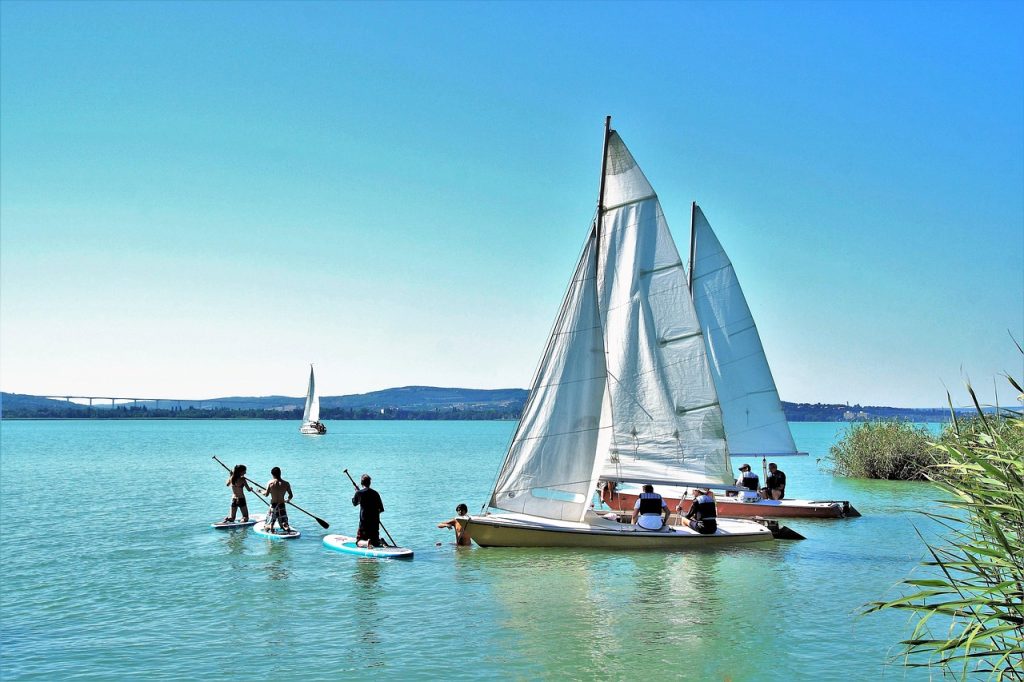 stand up paddleboarding, sailboats, lake, activity, sport, sailing boats, boats, yacht, people, vacation, nature, holiday, recreation, sup, water sport, paddling, paddle, paddleboarding, paddleboard, summer, balaton