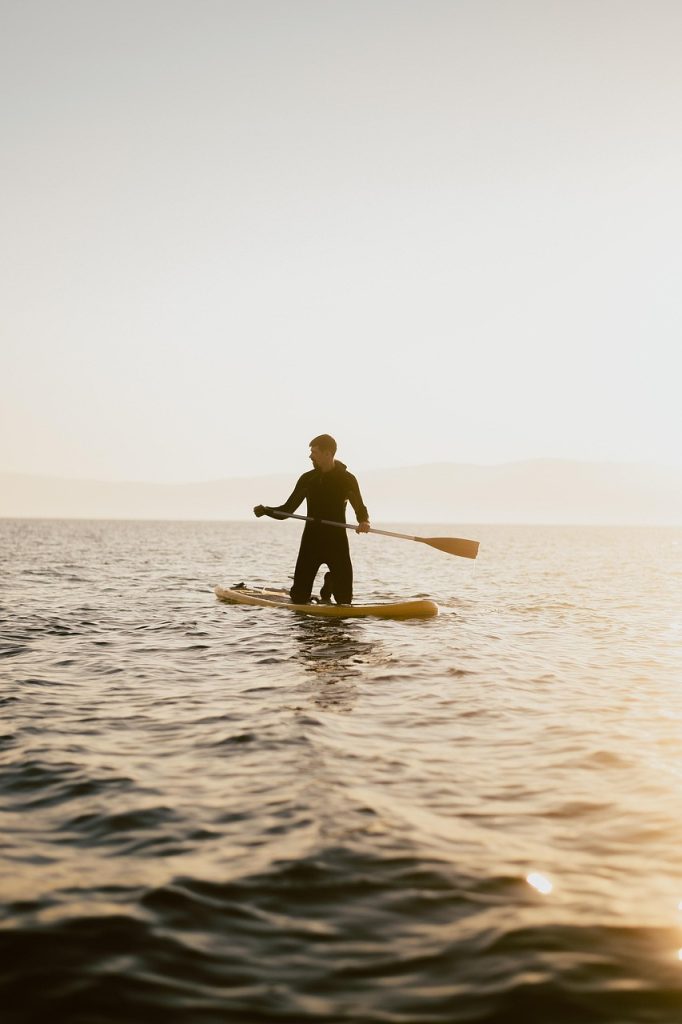 standup paddleboarding, nature, man, sea, ocean, sunset, twilight, dusk