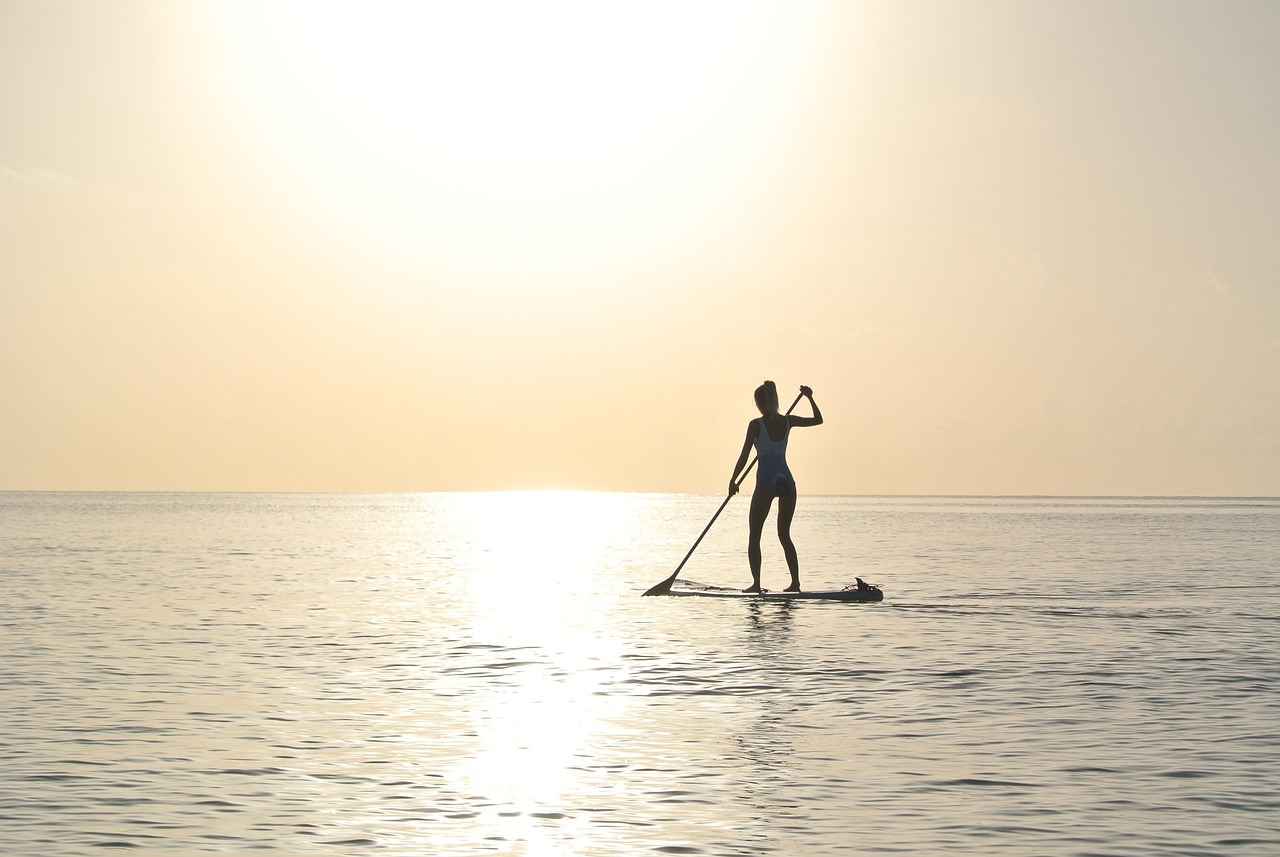sunrise, ocean, silhouette, young woman, beach, nature, paddleboard, surfboard
